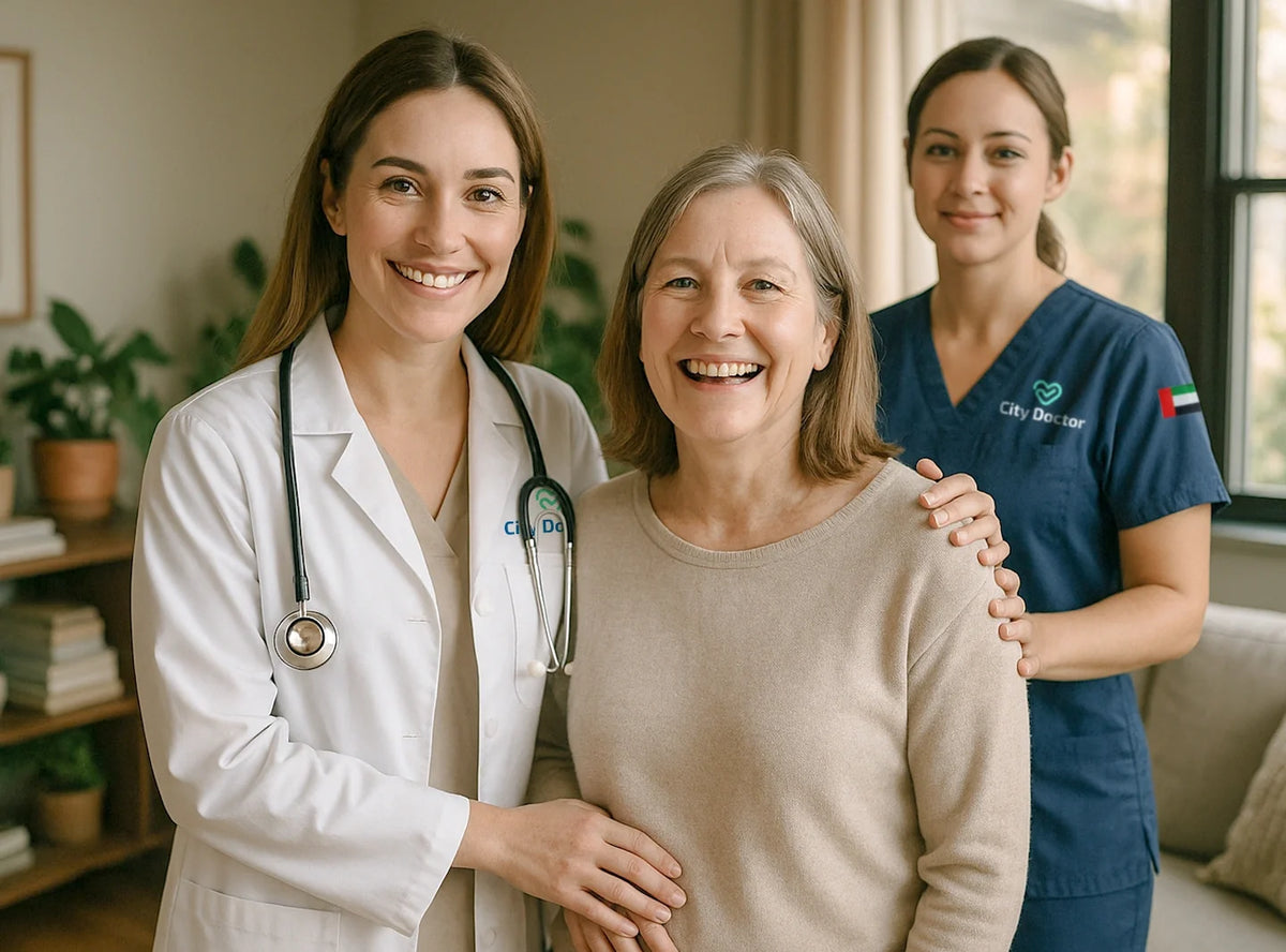 A woman with a clinician at home