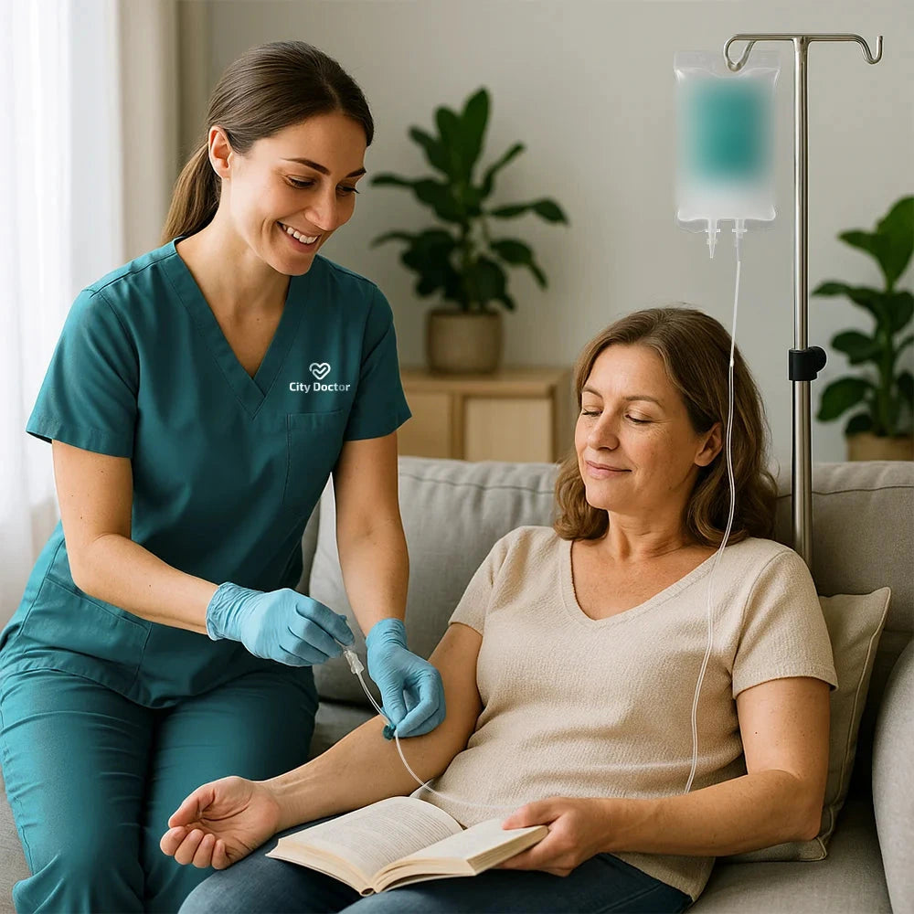 A nurse sets up an IV drip for a woman resting on her sofa at home