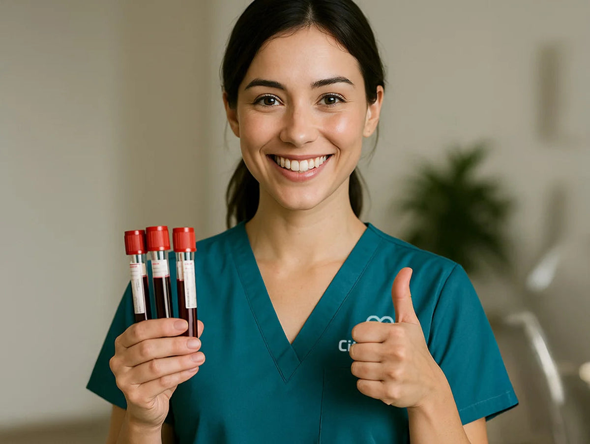 A nurse at home holds blood test tubes and smiles