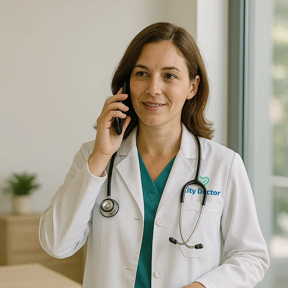 A doctor talks on the phone at home
